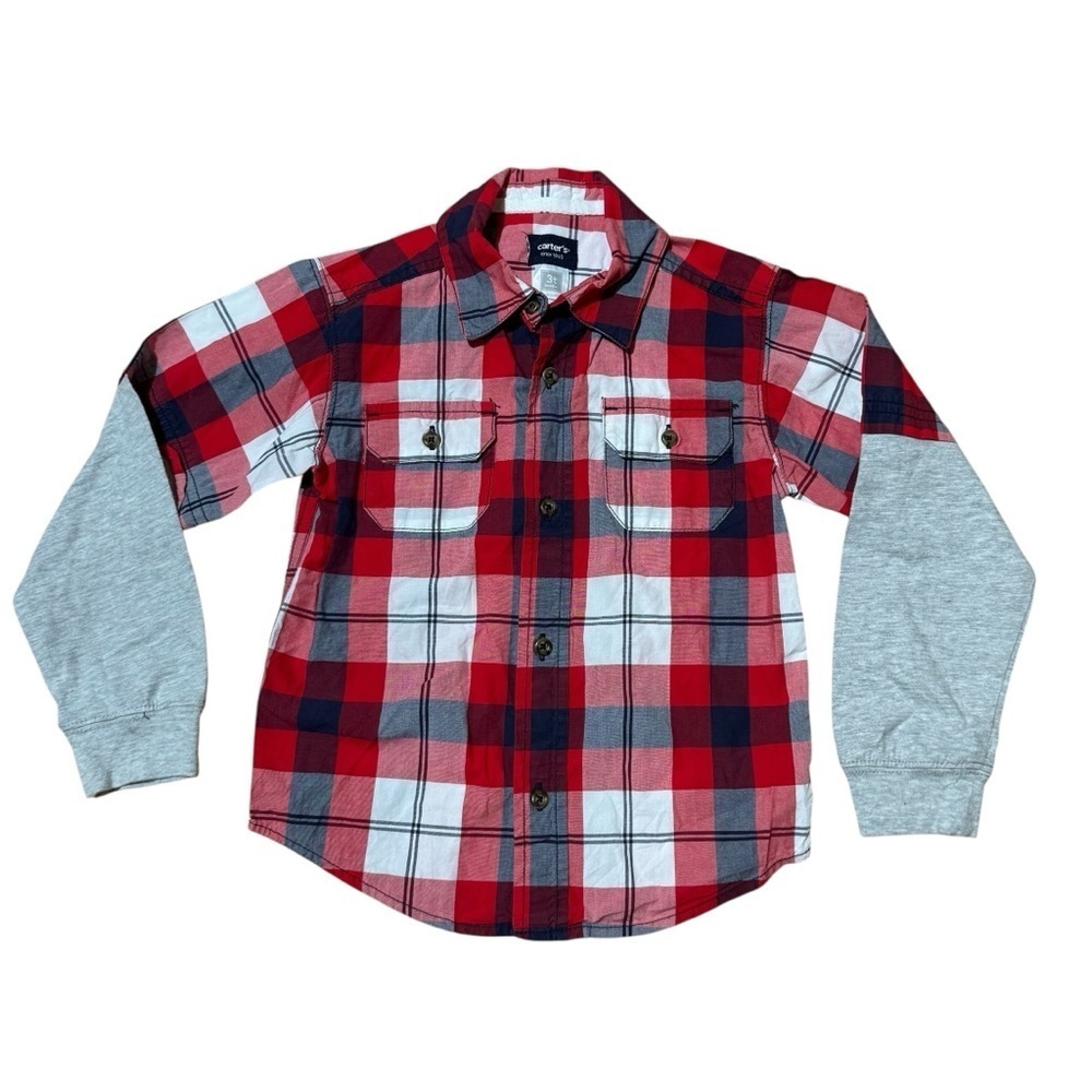 Carter’s Red Paid Shirt Christmas Button Up Long Sleeve Collar Front Pockets 3T